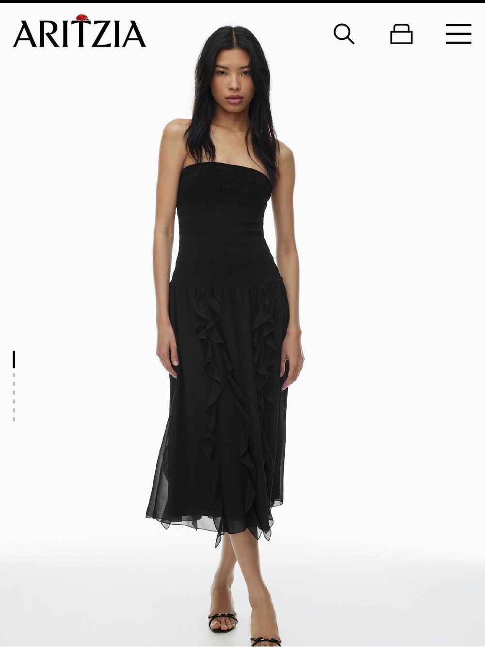Aritzia Strapless Black Ruffled Midi Dress